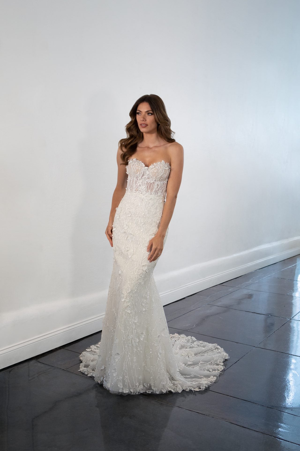 1458 by Martina Liana Timeless Strapless Floral Lace Column