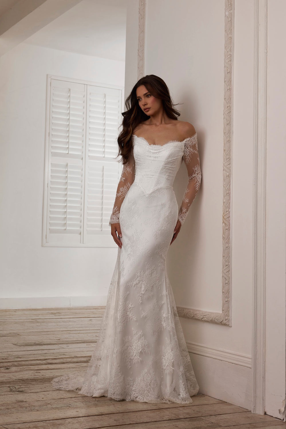 Camomile by Suzanne Neville - Lace Off Shoulder Long Sleeve Wedding Dress The White Flower Camomile by Suzanne Neville - Lace Off Shoulder Long Sleeve Wedding Dress The White Flower
