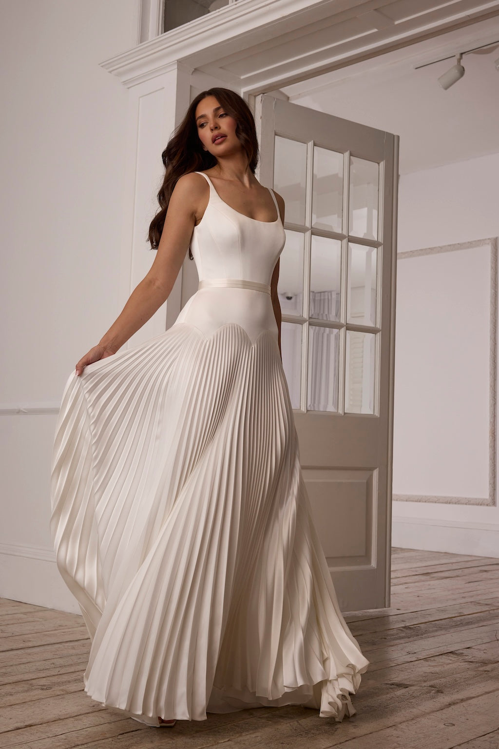 Sunflower by Suzanne Neville - Drop Waist Satin Wedding Dress The White Flower Sunflower by Suzanne Neville - Drop Waist Satin Wedding Dress The White Flower
