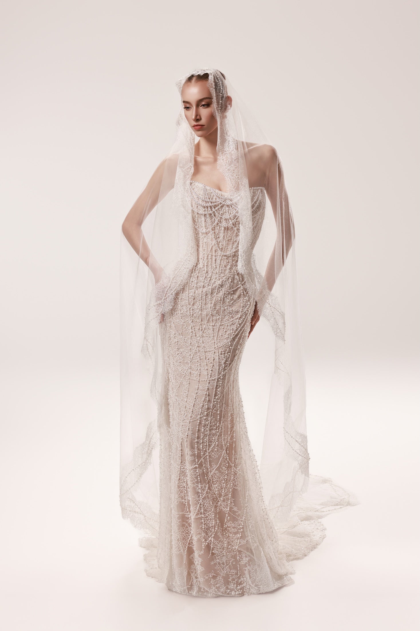 Bardot by Dany Tabet | Beaded Strapless Cat Eye Fitted Wedding Dress The White Flower Bardot by Dany Tabet | Beaded Strapless Cat Eye Fitted Wedding Dress The White Flower