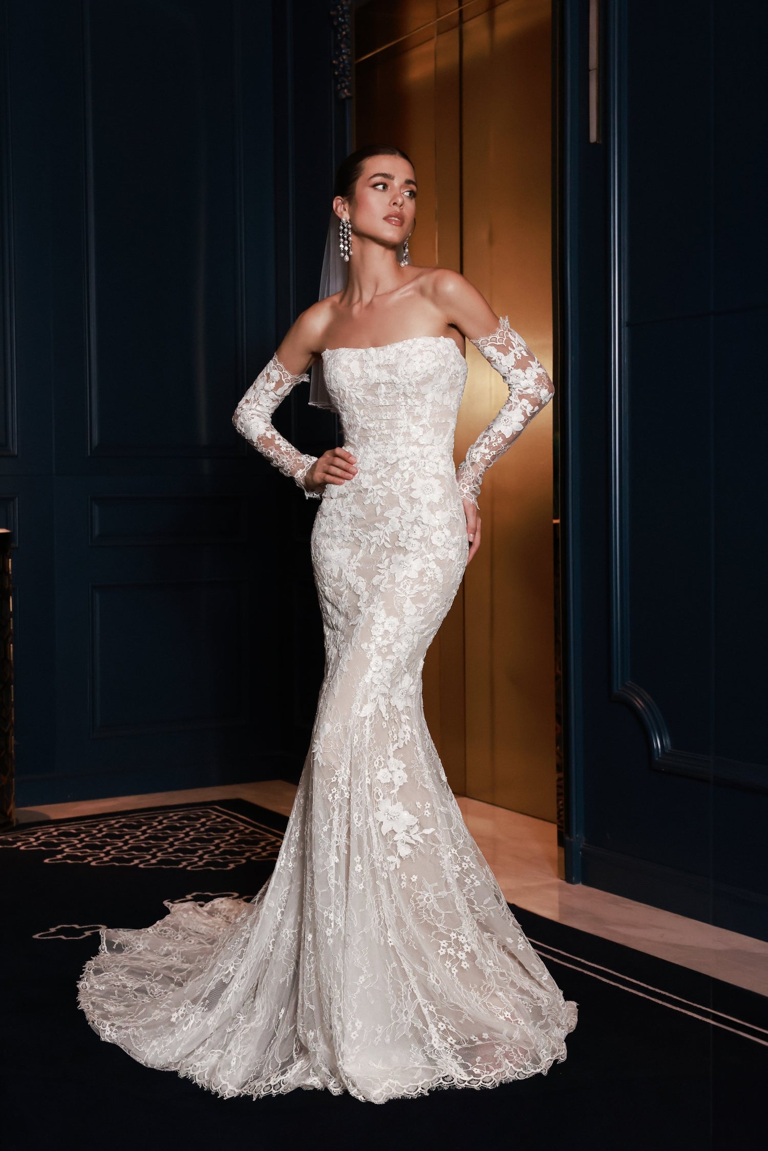 Janna by Dany Tabet - Strapless Fitted Floral & Chantilly Lace Wedding Dress The White Flower Janna by Dany Tabet - Strapless Fitted Floral & Chantilly Lace Wedding Dress The White Flower