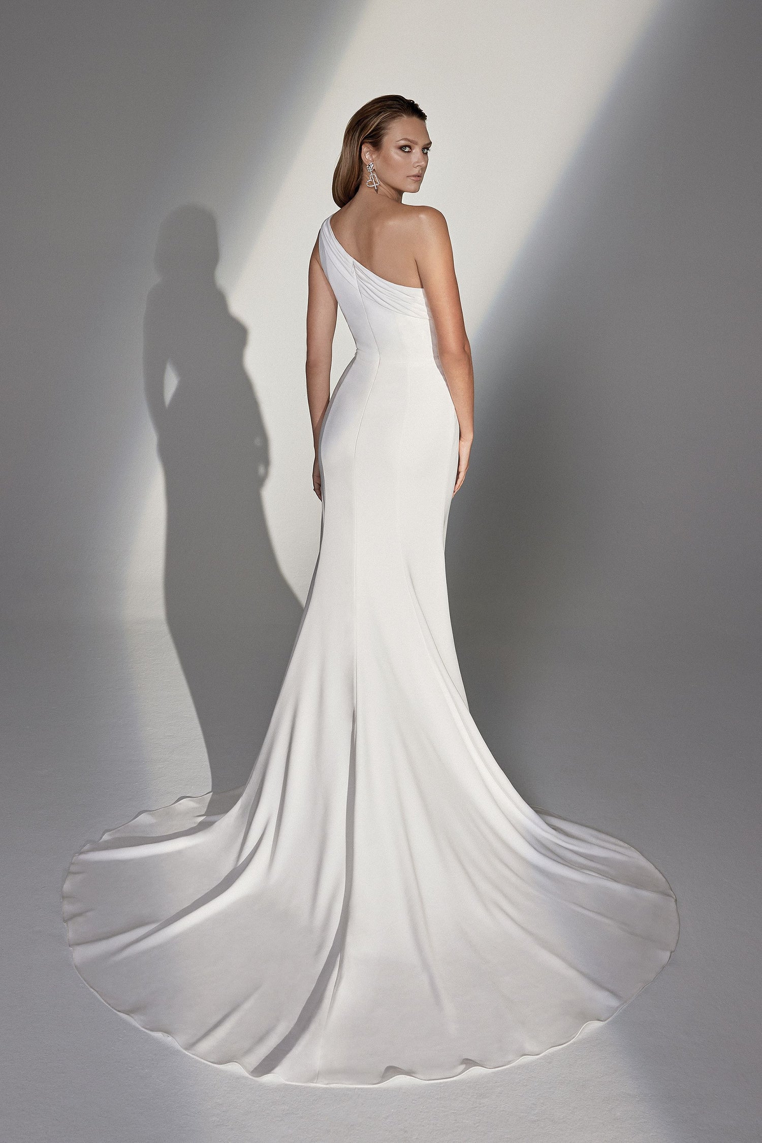Effie by Justin Alexander Signature - Modern One Shoulder Fit and Flare Wedding Gown with Slit The White Flower Effie by Justin Alexander Signature - Modern One Shoulder Fit and Flare Wedding Gown with Slit The White Flower