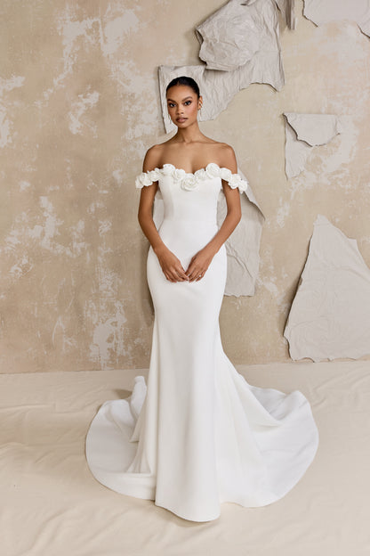 justin alexander off the shoulder dress Deidra: Off the Shoulder Dress with Sequin Tulle and Leafy Appliqus