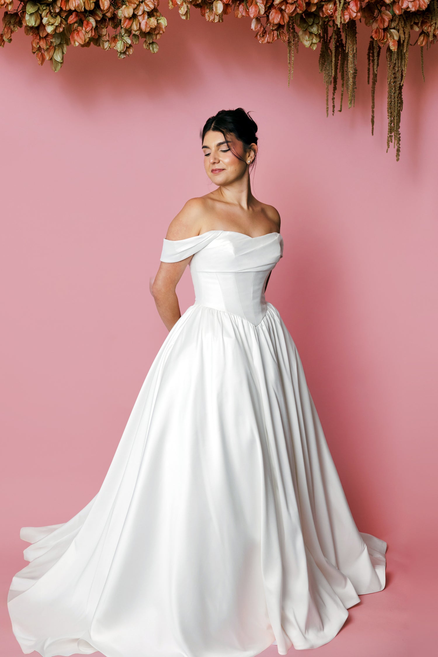 Sage by Ocean & Petal - Mikado Off Shoulder Basque Waist Wedding Dress The White Flower Sage by Ocean & Petal - Mikado Off Shoulder Basque Waist Wedding Dress The White Flower