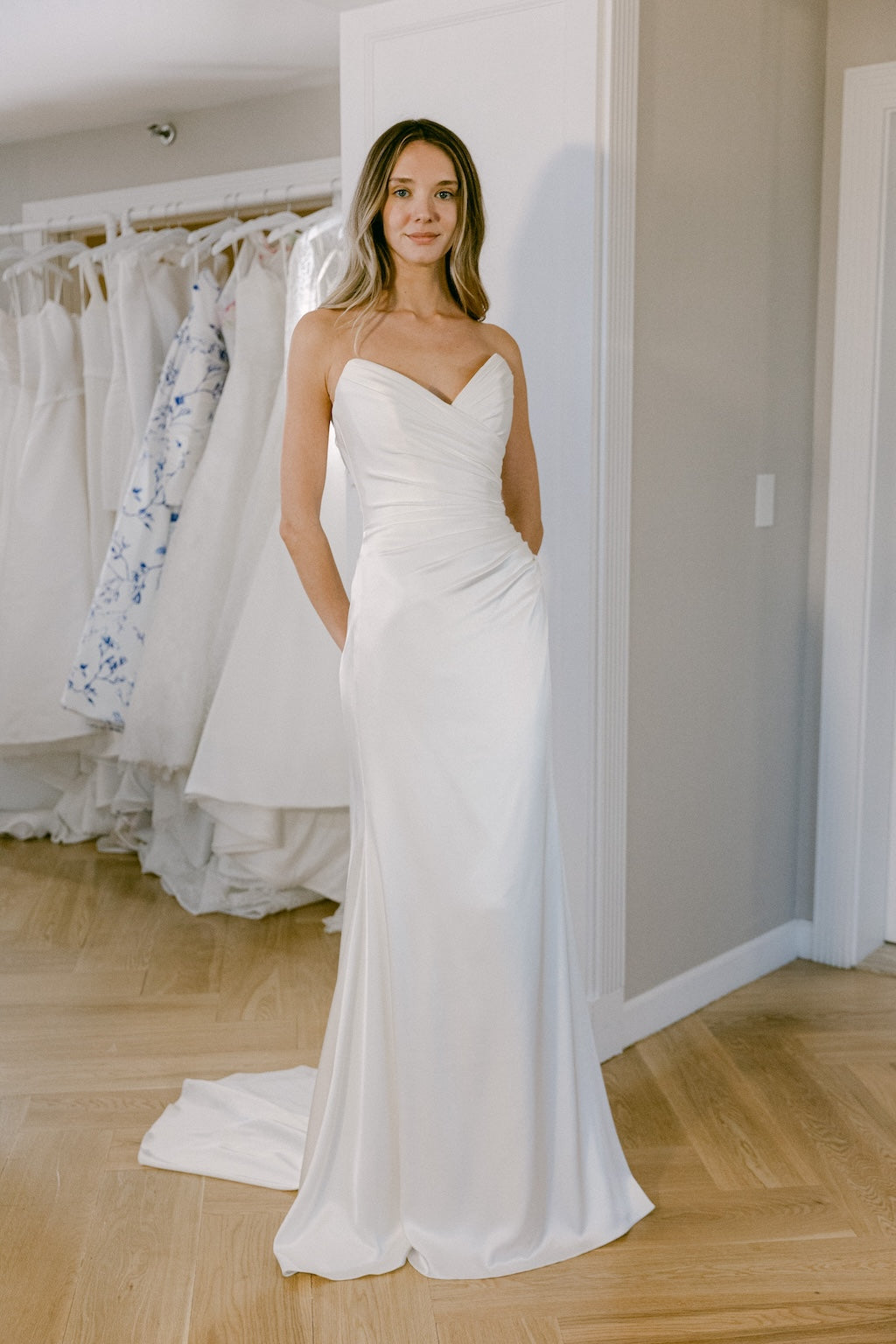 Saffron by Suzanne Neville - Crepe Fitted Strapless Wedding Dress The White Flower Saffron by Suzanne Neville - Crepe Fitted Strapless Wedding Dress The White Flower
