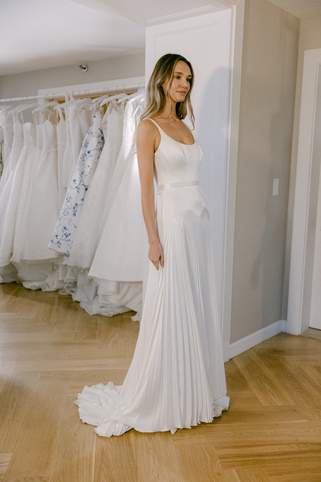 Sunflower by Suzanne Neville - Drop Waist Satin Wedding Dress The White Flower Sunflower by Suzanne Neville - Drop Waist Satin Wedding Dress The White Flower